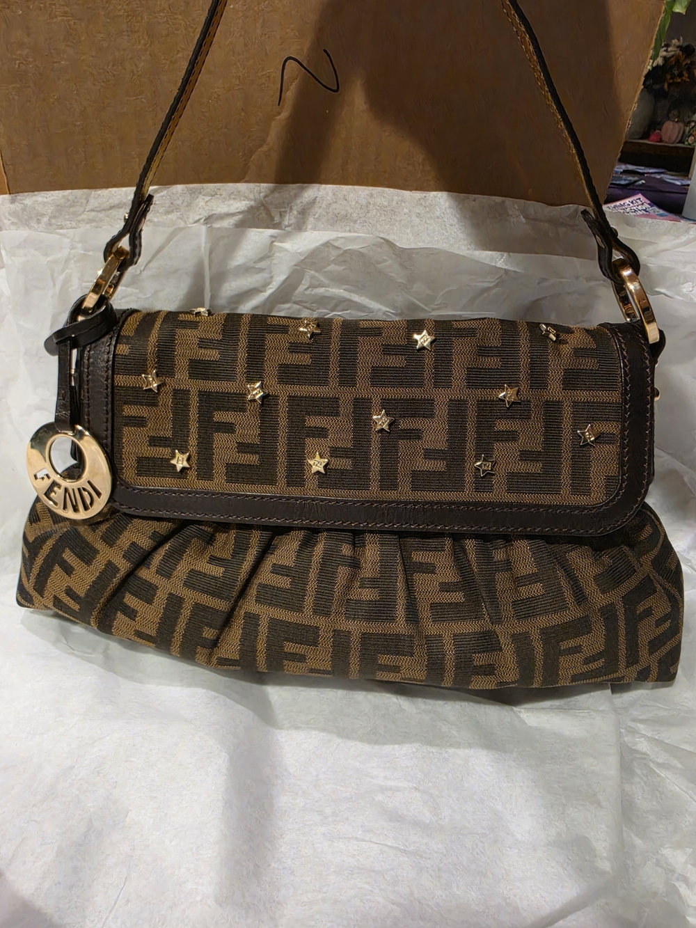 Fendi Brown Zucca Print Shoulder Bag with Gold Accents